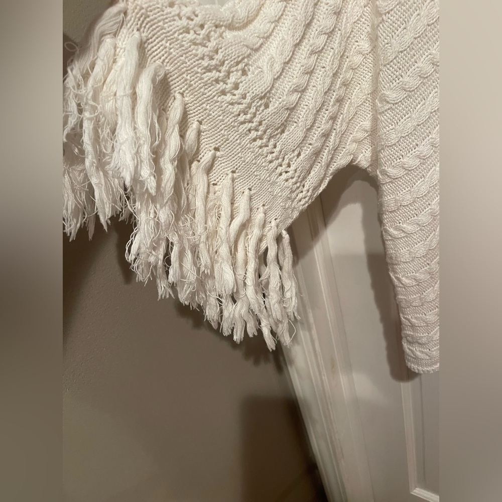 CAbi Fiesta Cream V-Neck Sweater “Poncho” with Fringe Sleeves - Picture 2 of 5